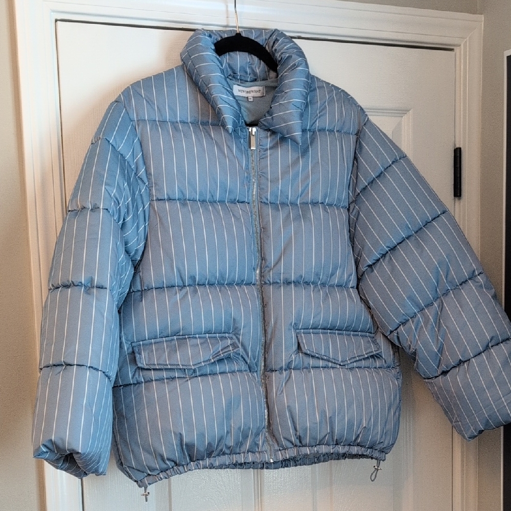 Blue Striped Puffer Jacket By We Wore What